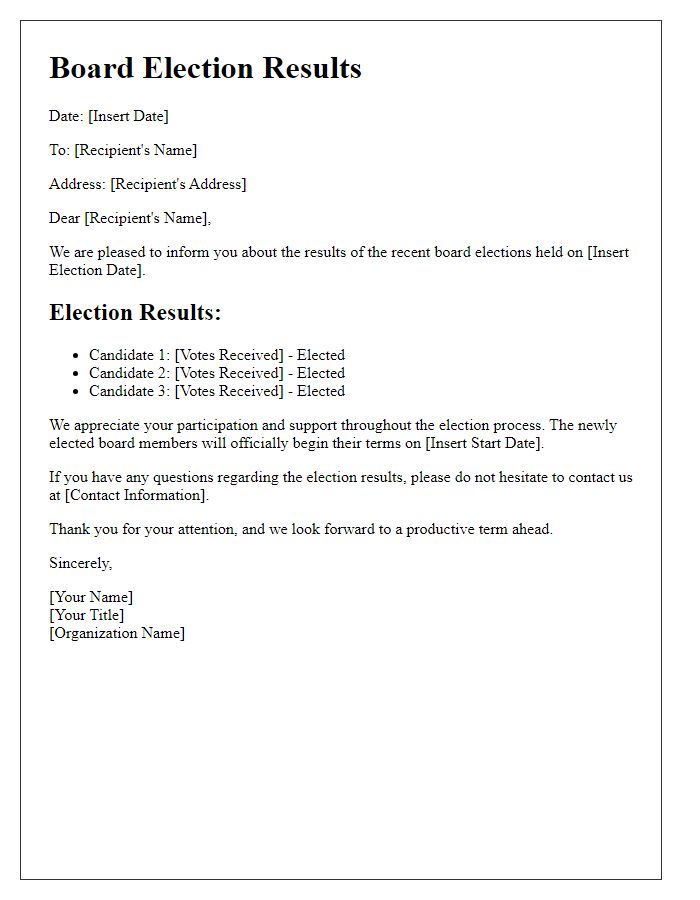 Letter template of board election results distribution.