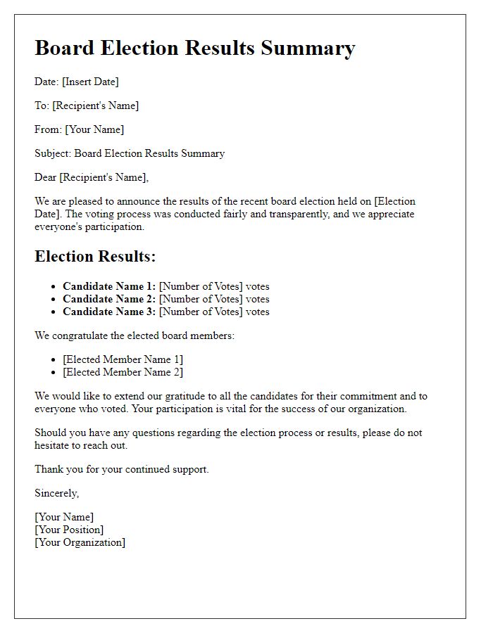 Letter template of board election results summary.