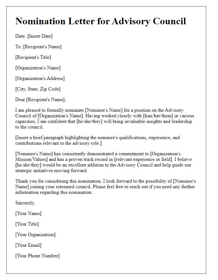 Letter template of board member nomination for advisory council.