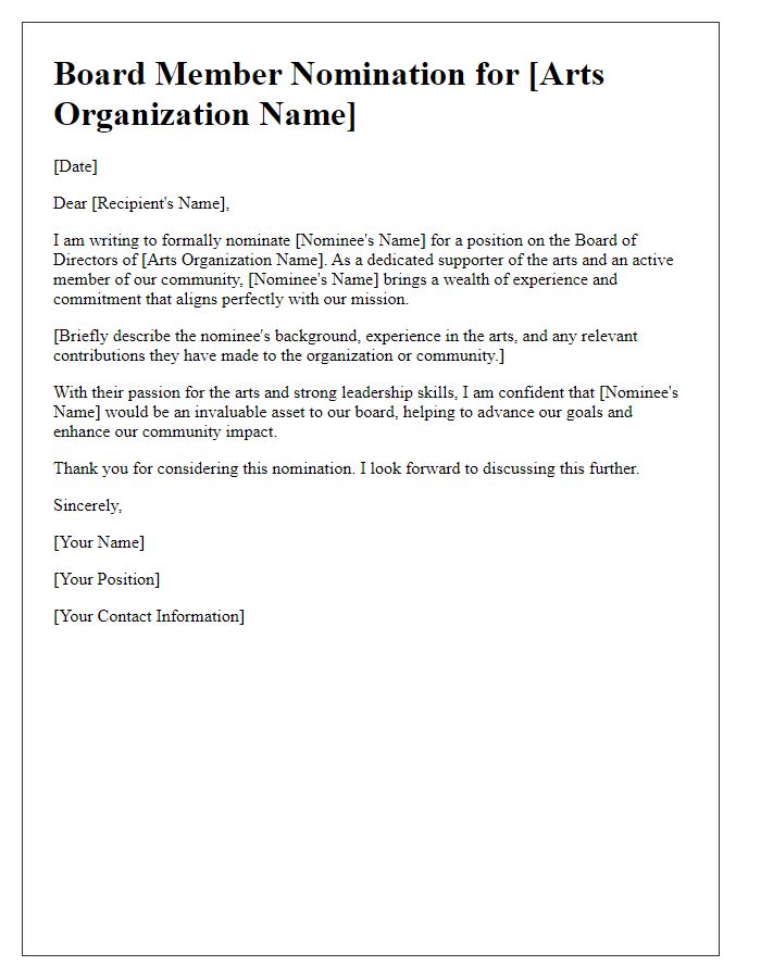 Letter template of board member nomination for arts organization.