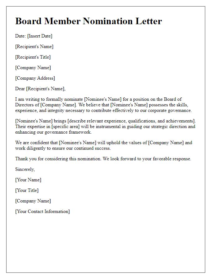 Letter template of board member nomination for corporate governance.