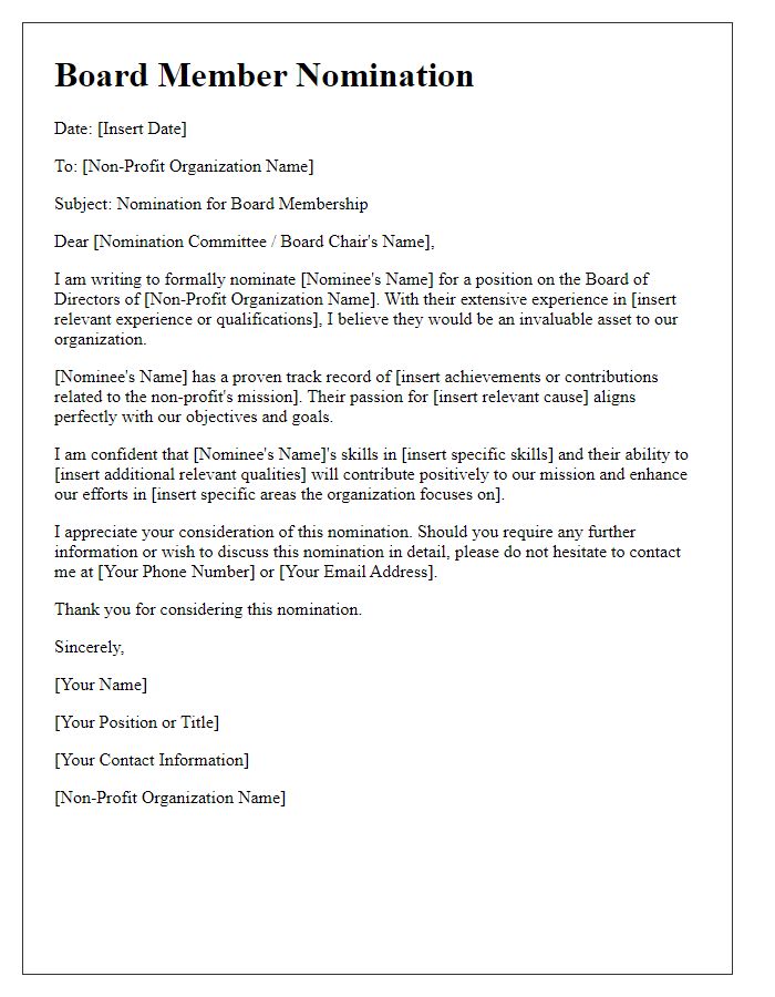 Letter template of board member nomination for non-profit organization.