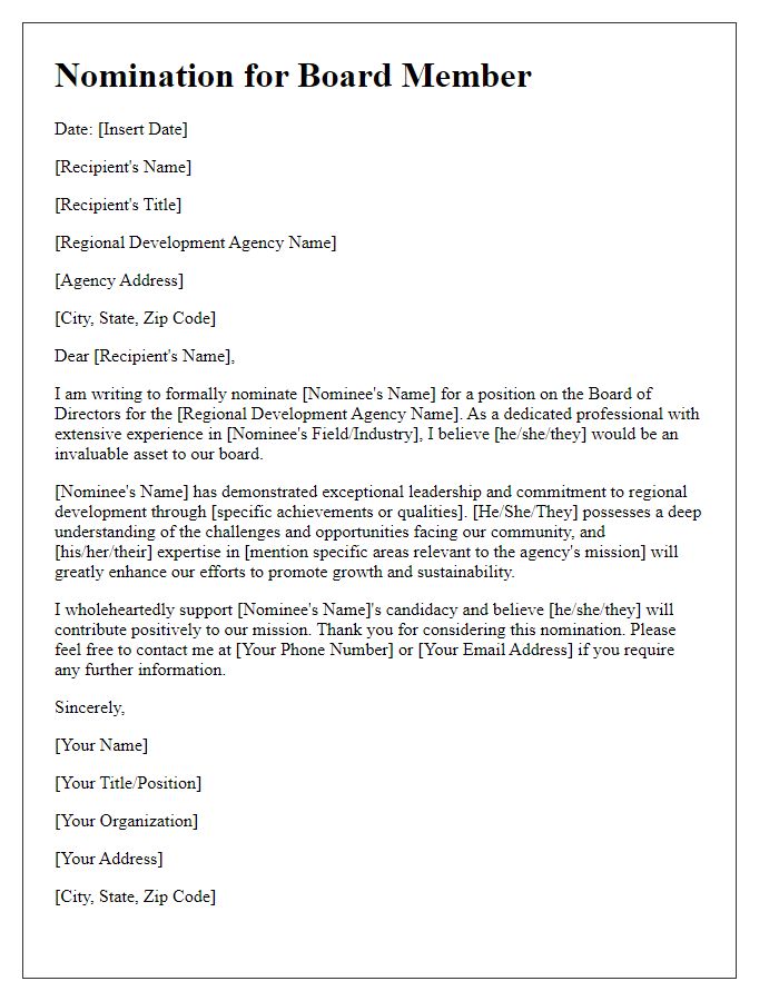 Letter template of board member nomination for regional development agency.