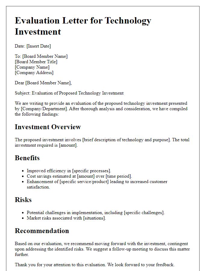 Letter template of evaluation for board technology investment