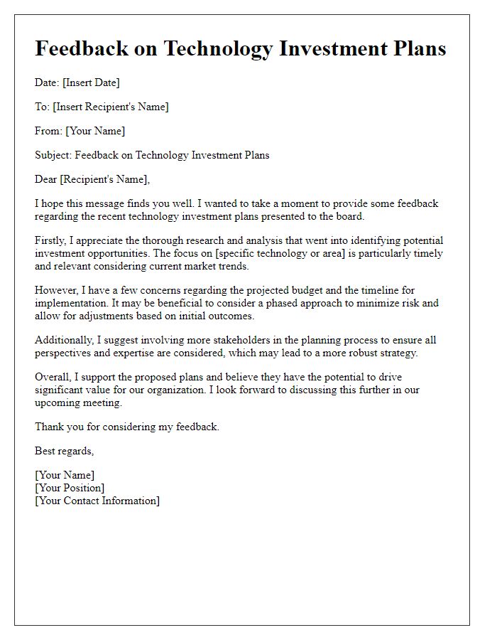 Letter template of feedback on board technology investment plans