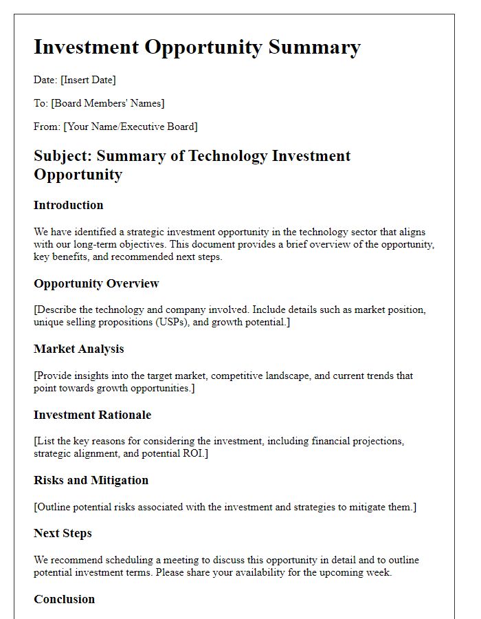 Letter template of summary for board technology investment opportunity