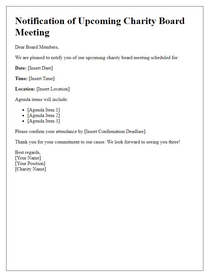 Letter template of notification for upcoming charity board meeting