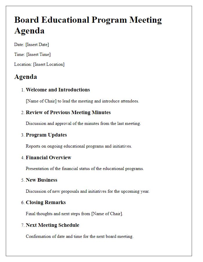 Letter template of agenda outline for board educational program meetings.