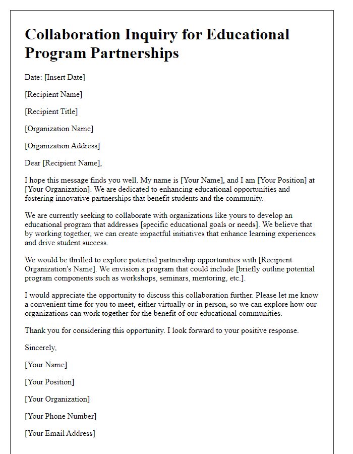 Letter template of collaboration inquiry for board educational program partnerships.