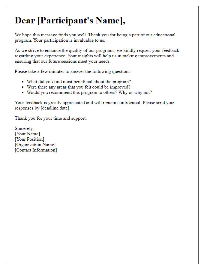 Letter template of feedback request for board educational program participants.