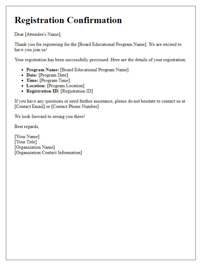 Letter template of registration confirmation for board educational program attendees.