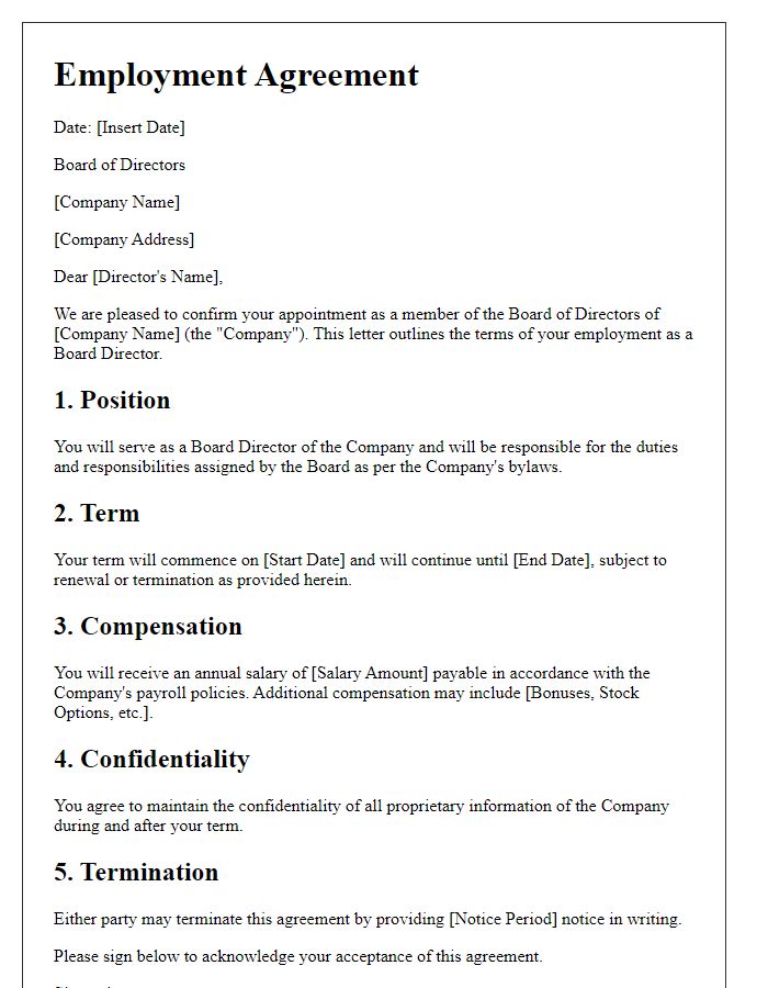 Letter template of employment agreement for board directors