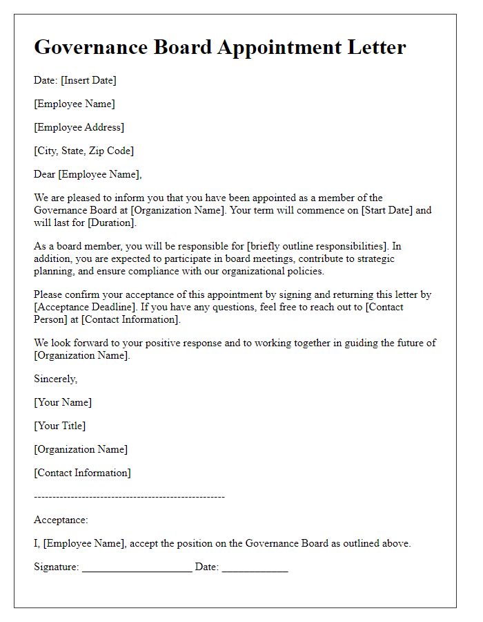 Letter template of governance board employment document