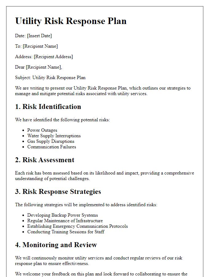 Letter template of utility risk response plan