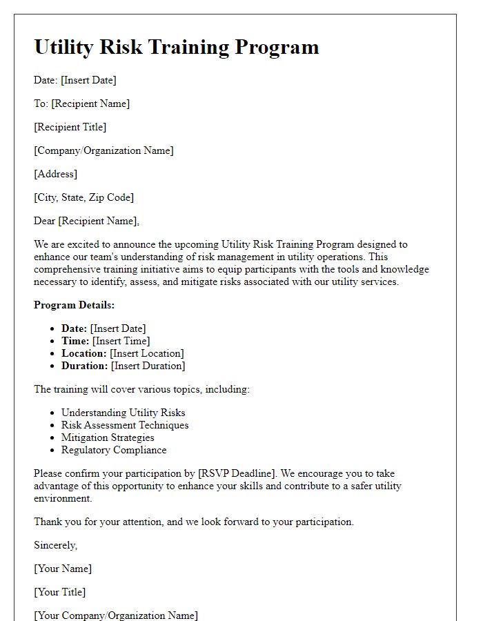 Letter template of utility risk training program