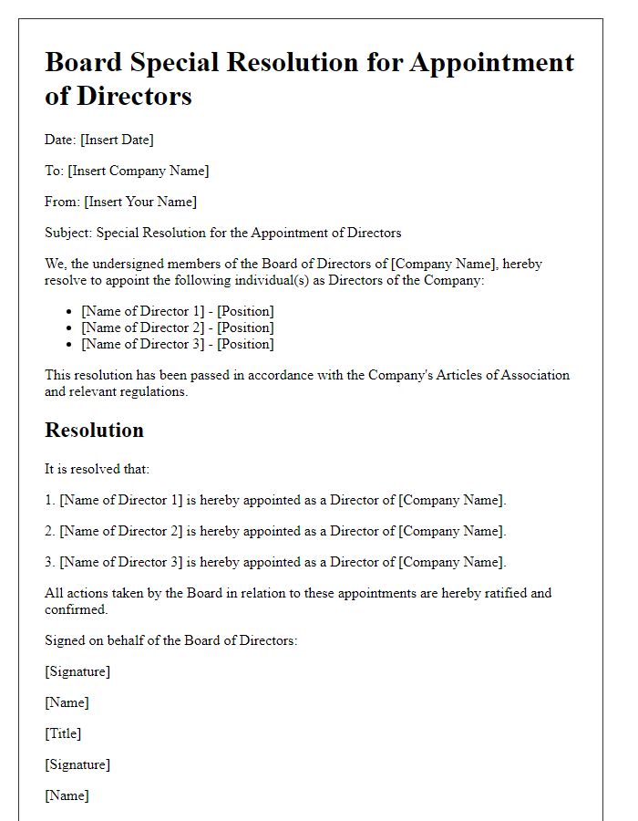 Letter template of board special resolution for appointment of directors