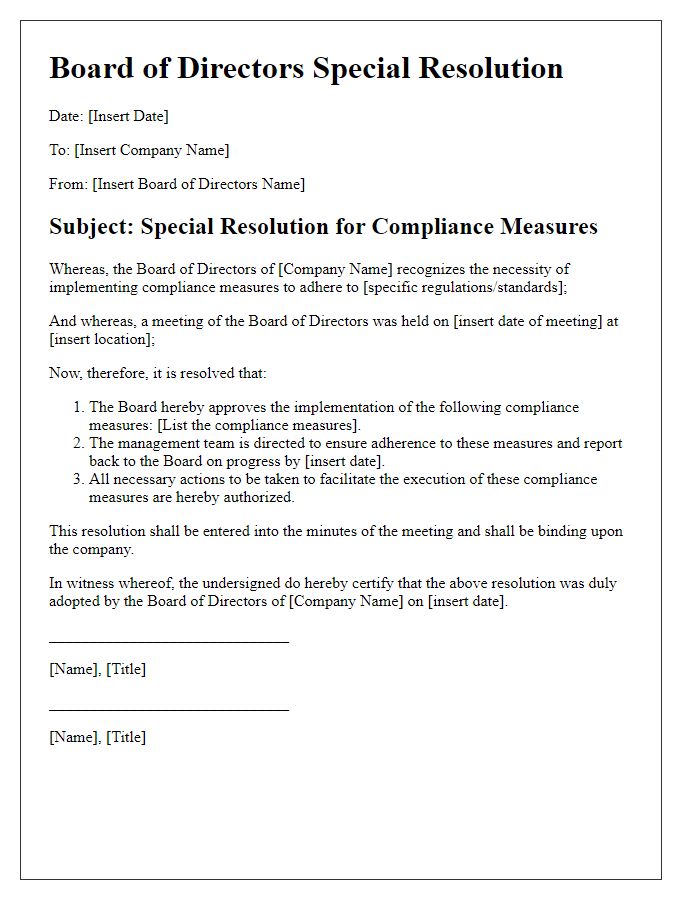 Letter template of board special resolution for compliance measures