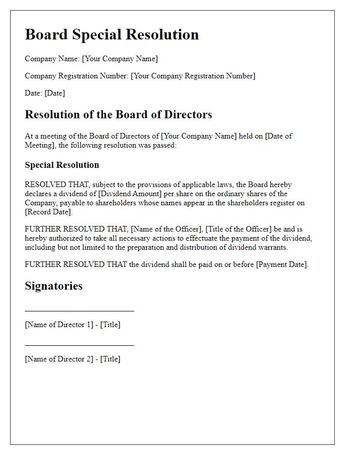 Letter template of board special resolution for dividend declaration