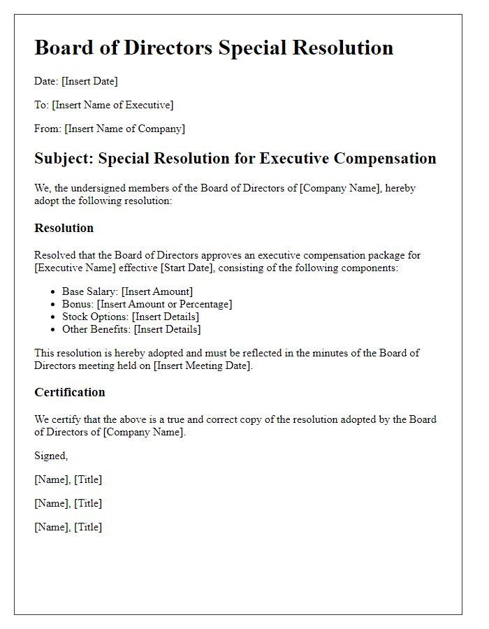 Letter template of board special resolution for executive compensation