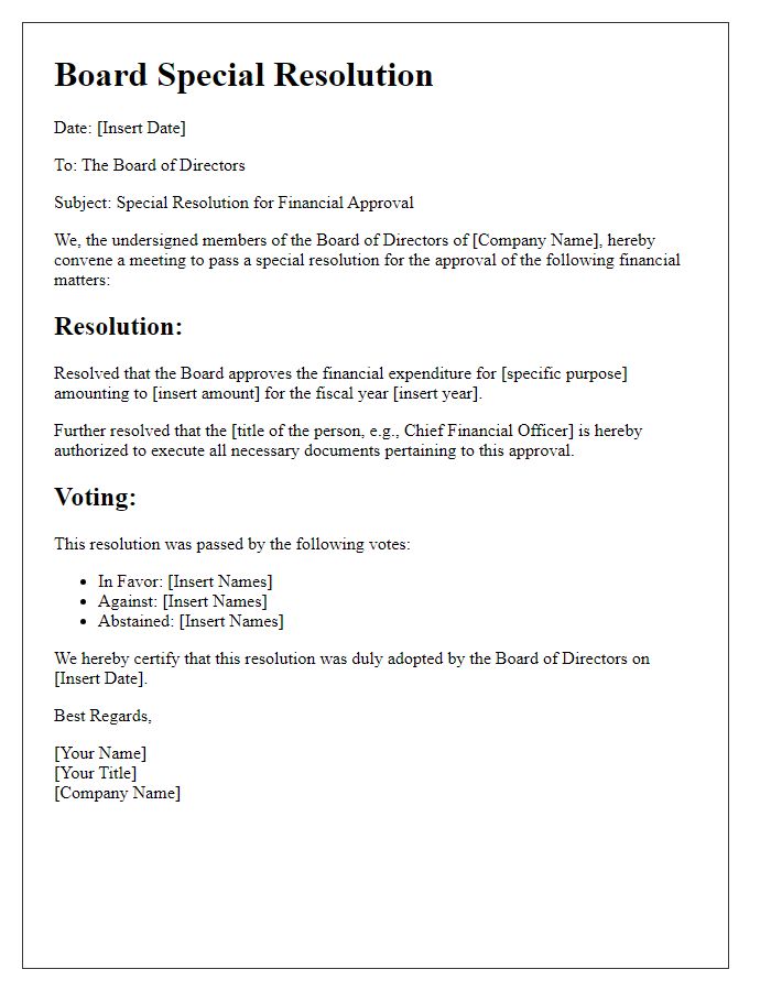 Letter template of board special resolution for financial approval