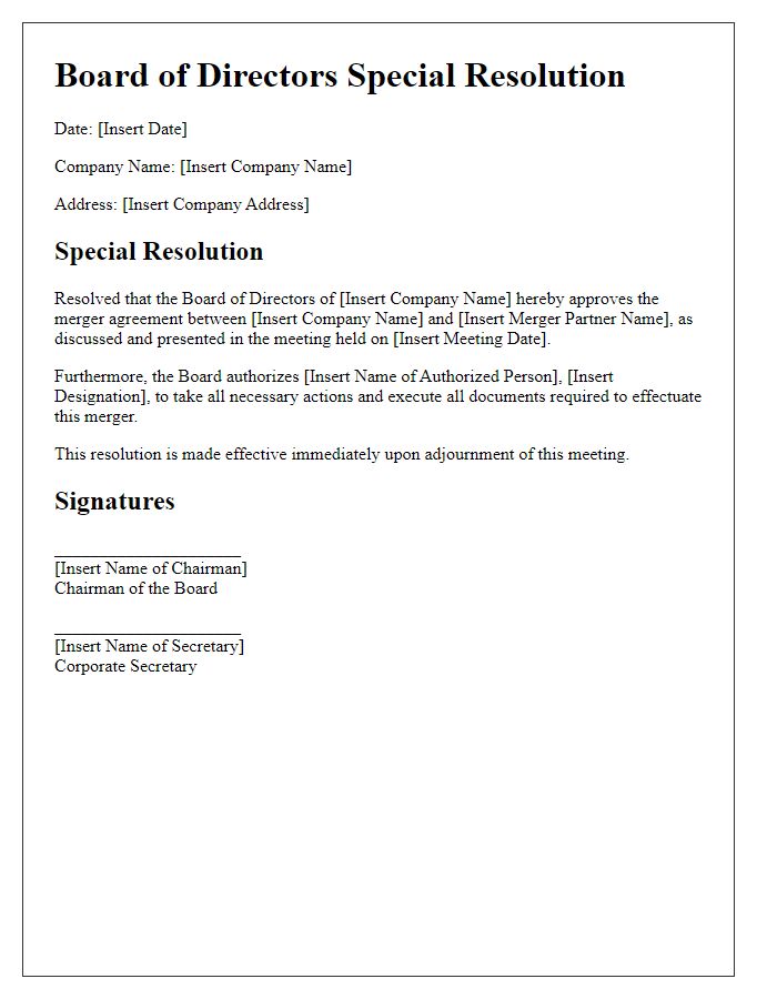 Letter template of board special resolution for merger agreement