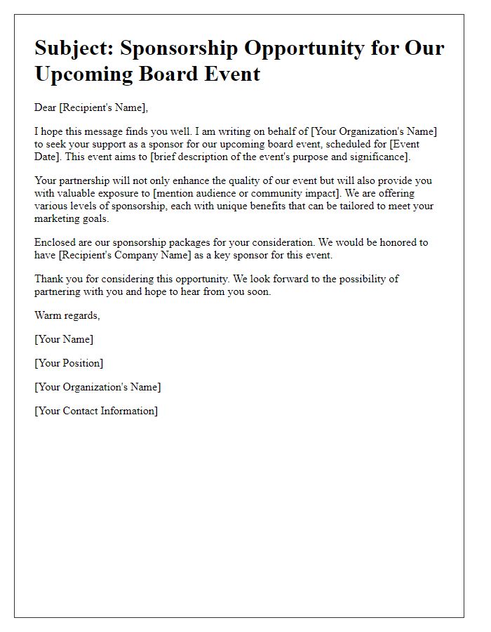 Letter template of funding appeal for board event sponsorship