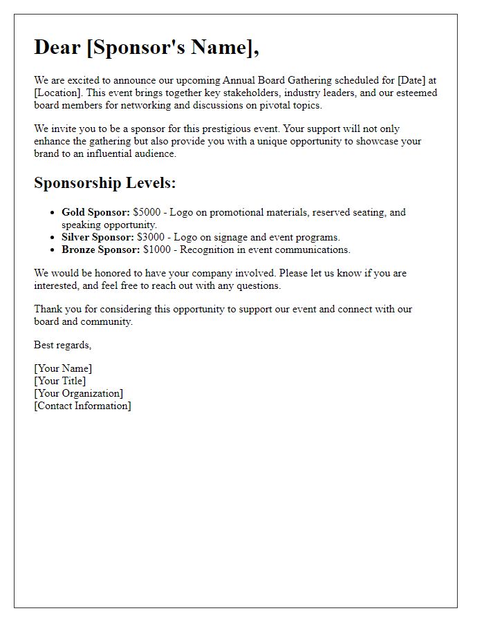 Letter template of sponsorship invitation for annual board gathering