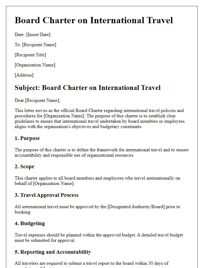 Letter template of board charter on international travel