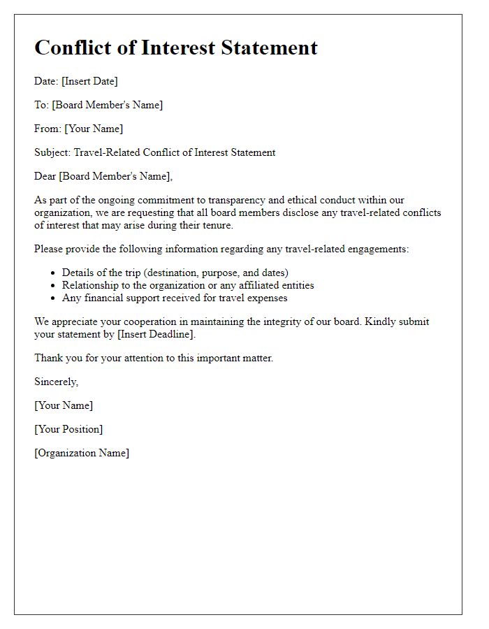 Letter template of board travel-related conflict of interest statements