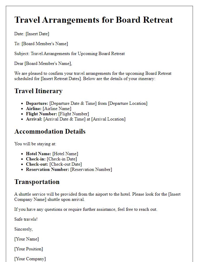 Letter template of travel arrangements for board retreats