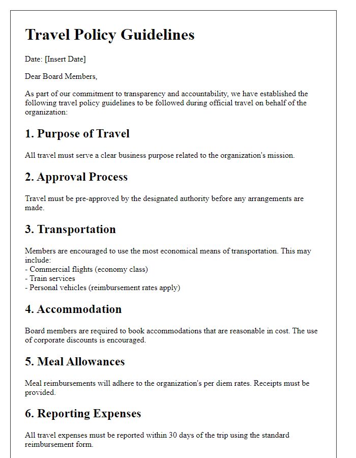 Letter template of travel policy guidelines for board members