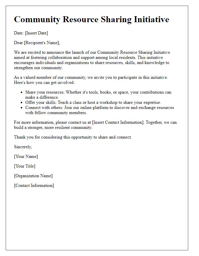 Letter template of community resource sharing initiative