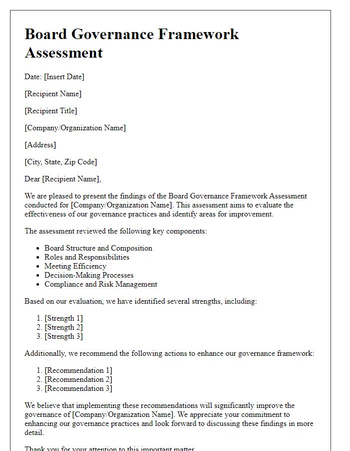 Letter template of board governance framework assessment