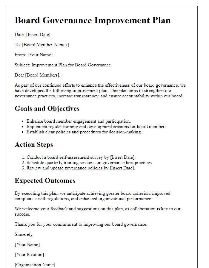 Letter template of board governance improvement plan