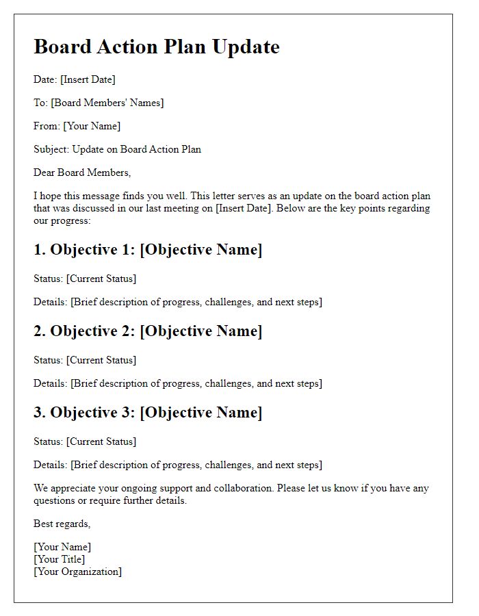 Letter template of board action plan update.