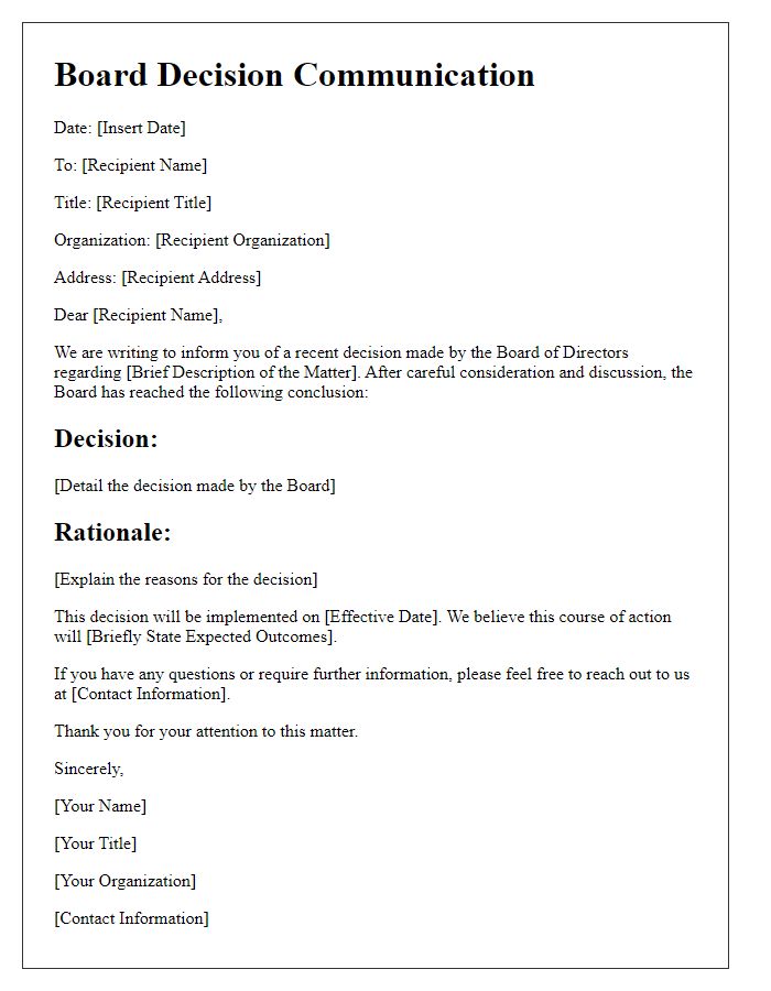 Letter template of board decision communication.