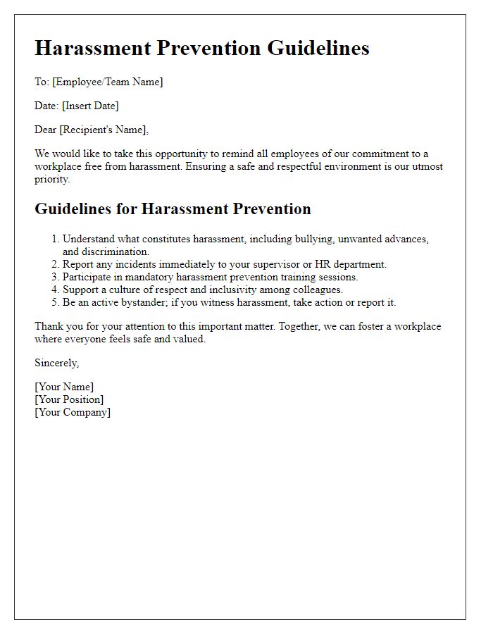 Letter template of harassment prevention guidelines