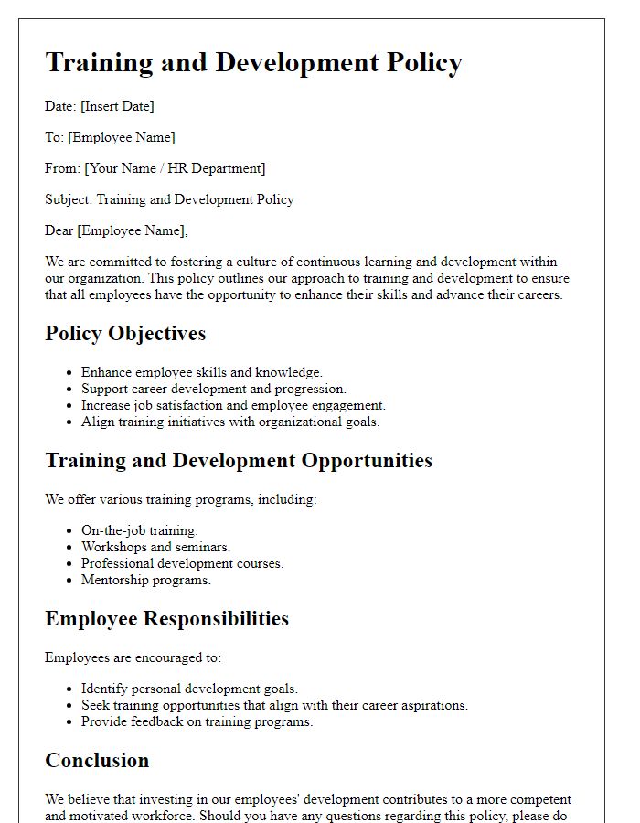 Letter template of training and development policy