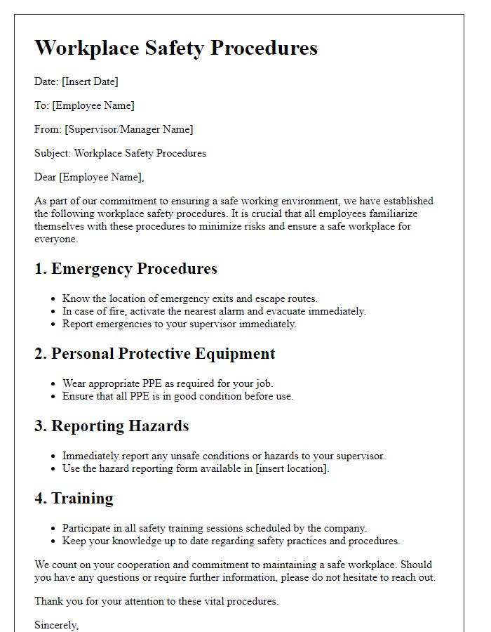 Letter template of workplace safety procedures