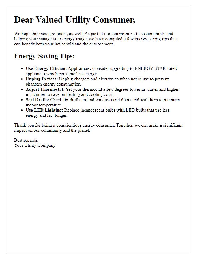 Letter template of energy-saving tips for utility consumers