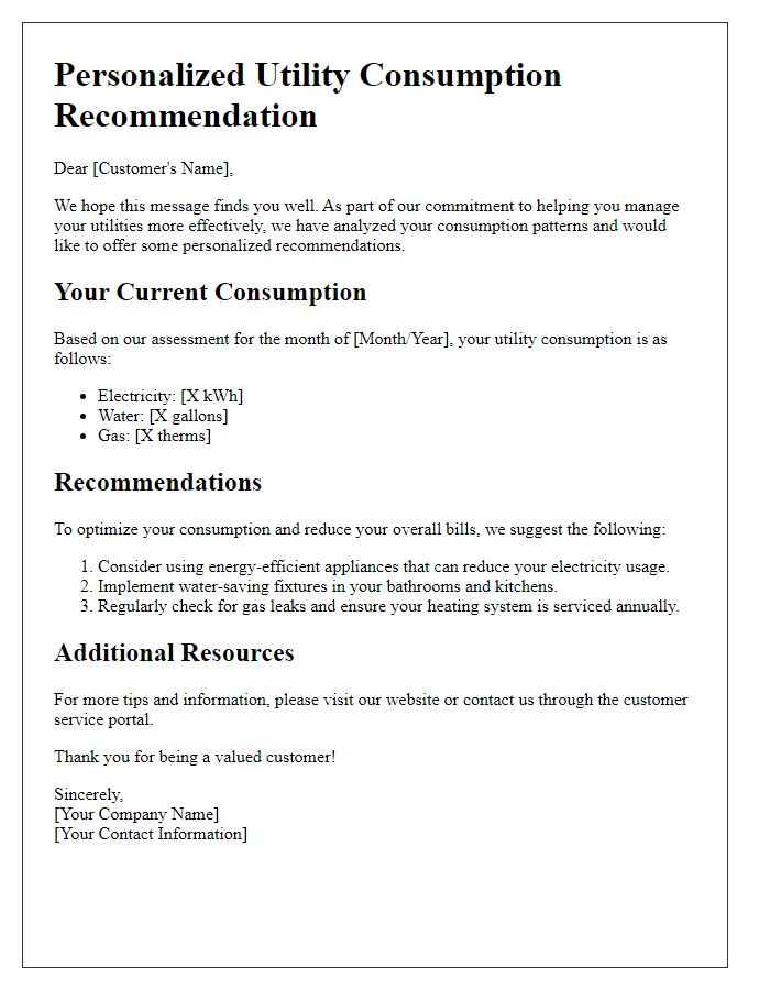 Letter template of personalized utility consumption recommendation