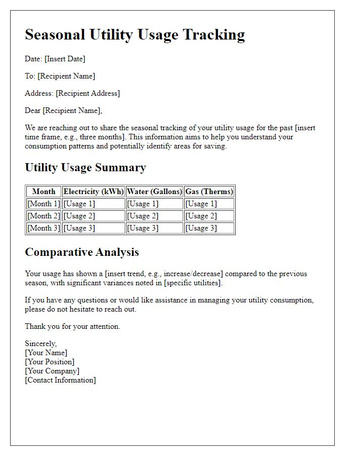 Letter template of seasonal utility usage tracking