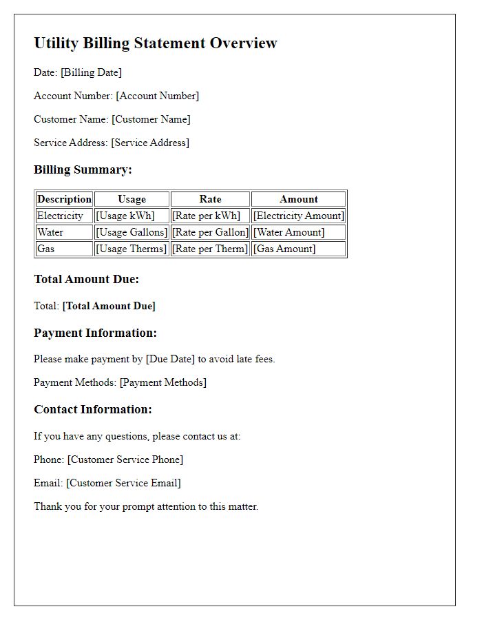 Letter template of utility billing statement overview