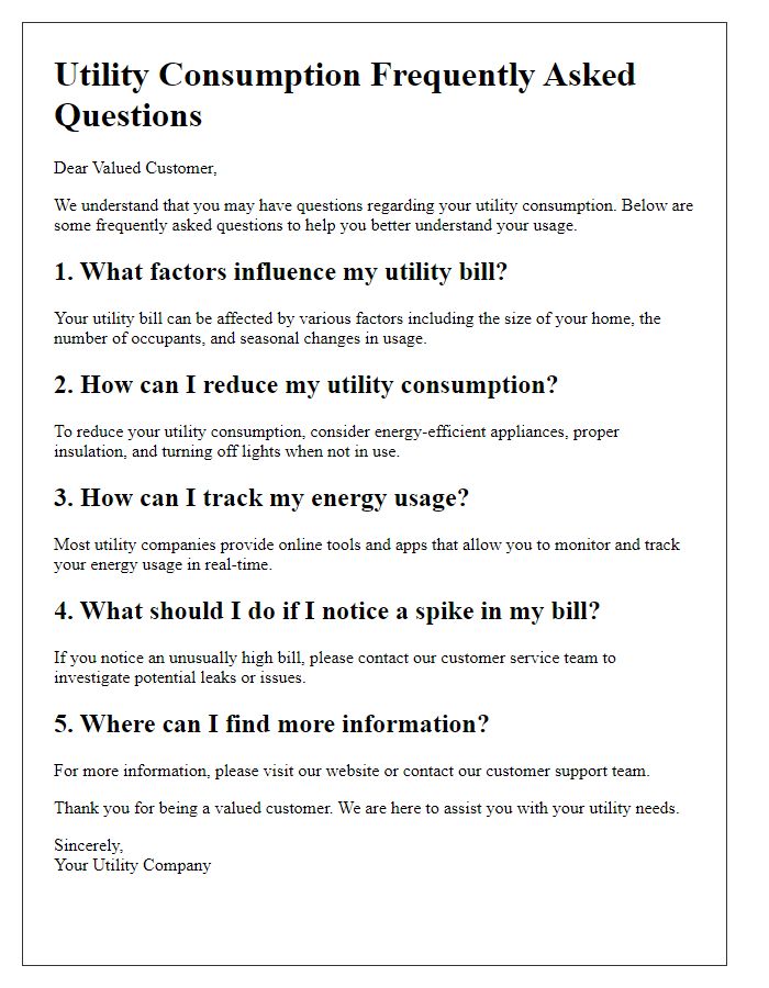 Letter template of utility consumption FAQ for customers