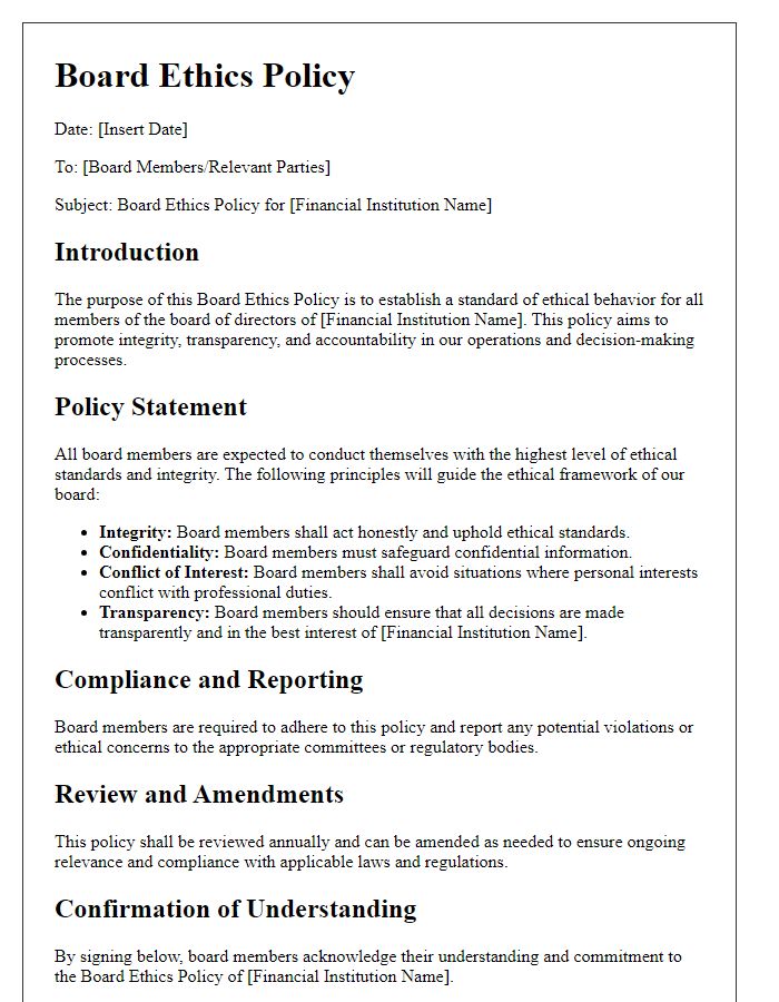 Letter template of board ethics policy for financial institutions