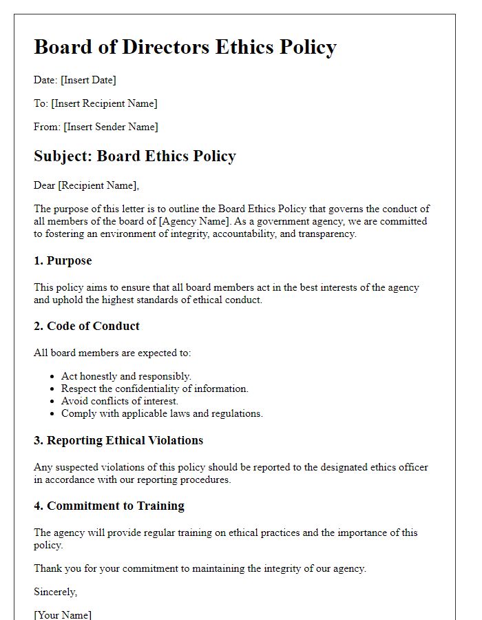 Letter template of board ethics policy for government agencies