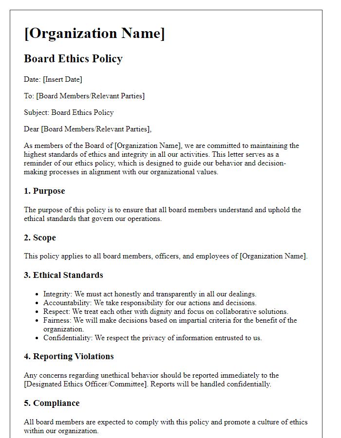 Letter template of board ethics policy for international organizations