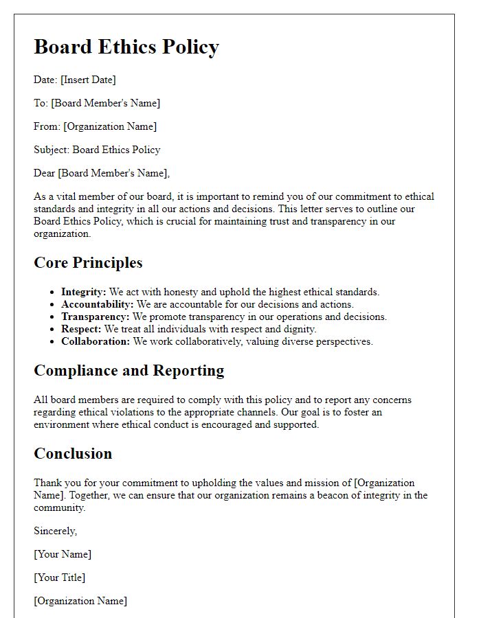 Letter template of board ethics policy for non-profit organizations