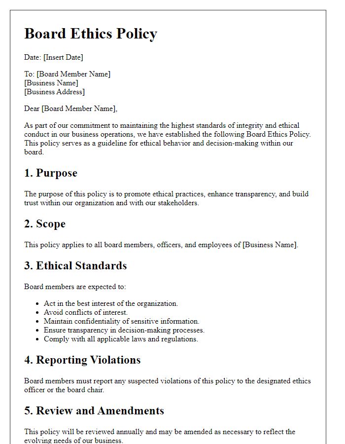 Letter template of board ethics policy for small businesses