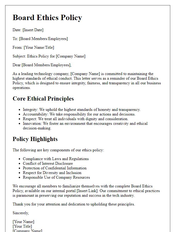 Letter template of board ethics policy for tech companies